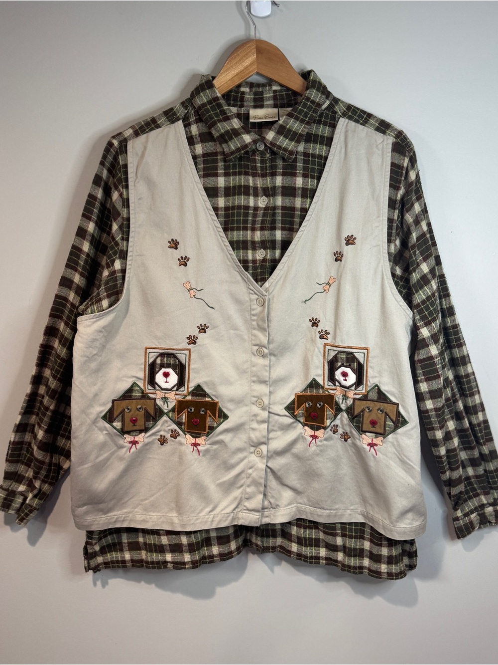 Bobbie Brooks Vintage Brown Plaid Flannel Shirt Dog Applique Vest Cottagecore XL